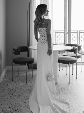 Versace White Strapless Backless Gown with Lattice Back